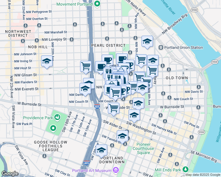 map of restaurants, bars, coffee shops, grocery stores, and more near 1200 Northwest Everett Street in Portland
