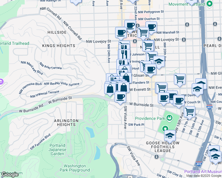 map of restaurants, bars, coffee shops, grocery stores, and more near 2361 Northwest Westover Road in Portland