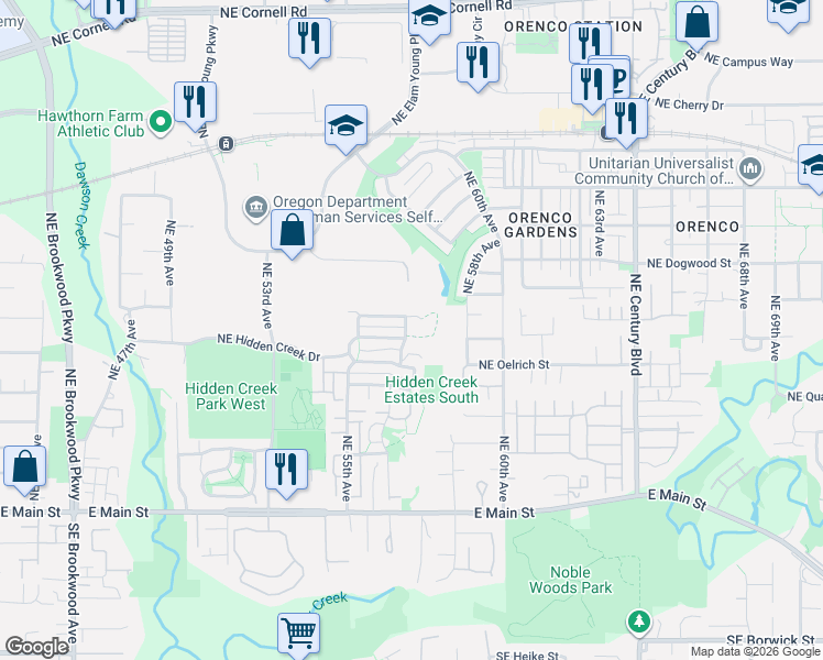 map of restaurants, bars, coffee shops, grocery stores, and more near 444 Northeast 57th Avenue in Hillsboro