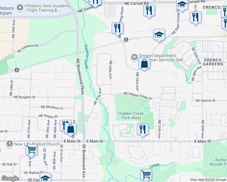 map of restaurants, bars, coffee shops, grocery stores, and more near 374 Northeast 49th Avenue in Hillsboro