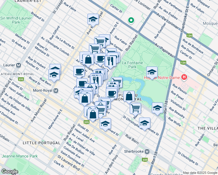 map of restaurants, bars, coffee shops, grocery stores, and more near 4144 Avenue du Parc-La Fontaine in Montréal
