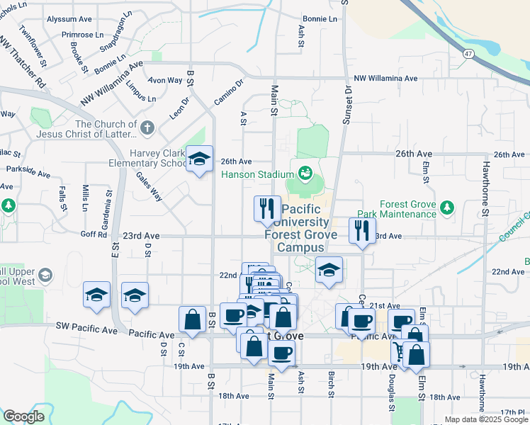 map of restaurants, bars, coffee shops, grocery stores, and more near 2334 Main Street in Forest Grove