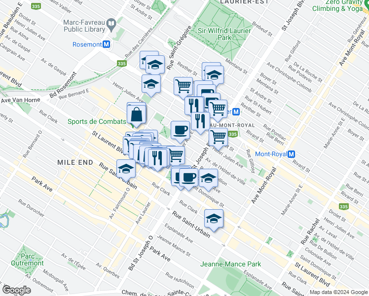 map of restaurants, bars, coffee shops, grocery stores, and more near 182 Avenue Laurier Est in Montréal
