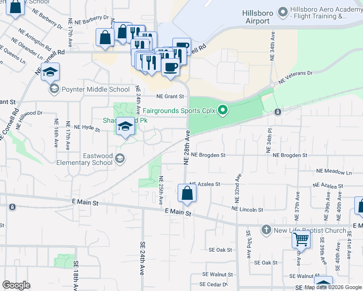 map of restaurants, bars, coffee shops, grocery stores, and more near 337 Northeast 28th Avenue in Hillsboro