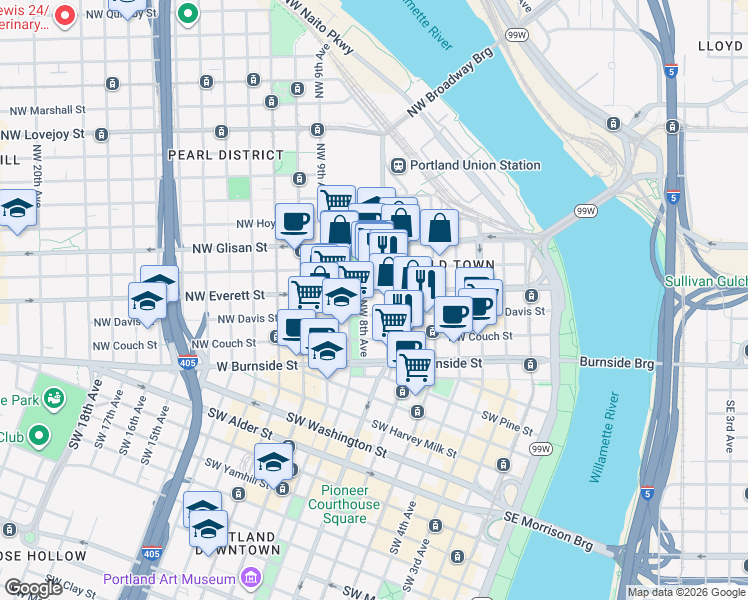 map of restaurants, bars, coffee shops, grocery stores, and more near 233 Northwest Broadway in Portland