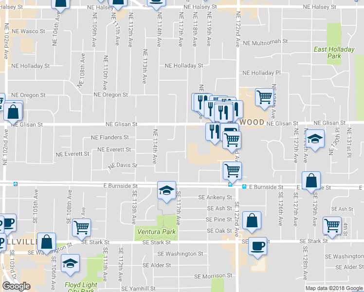 map of restaurants, bars, coffee shops, grocery stores, and more near 307 Northeast 117th Avenue in Portland