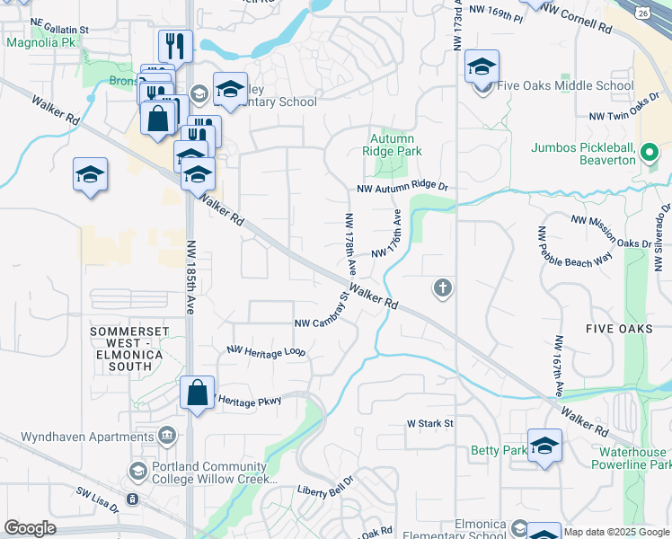 map of restaurants, bars, coffee shops, grocery stores, and more near 17835 Northwest Walker Road in Beaverton