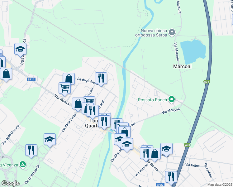 map of restaurants, bars, coffee shops, grocery stores, and more near 2 Via degli Alpini in Torri di Quartesolo