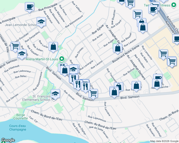 map of restaurants, bars, coffee shops, grocery stores, and more near 562A Rue Lauzon in Laval