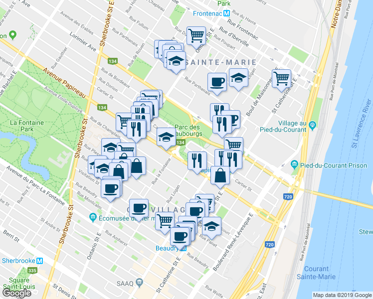 map of restaurants, bars, coffee shops, grocery stores, and more near 1714 Rue Cartier in Montréal