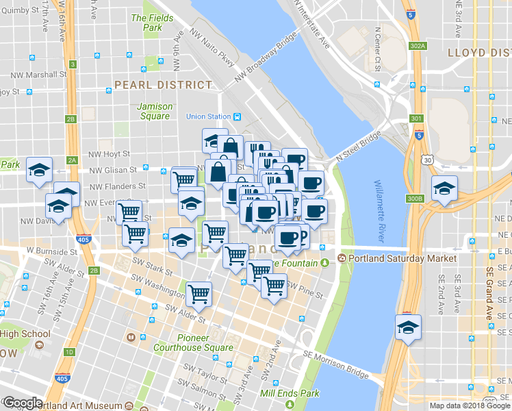 map of restaurants, bars, coffee shops, grocery stores, and more near 220 Northwest 5th Avenue in Portland