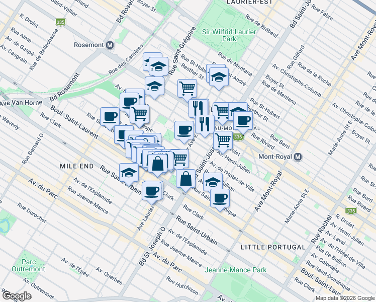 map of restaurants, bars, coffee shops, grocery stores, and more near 182 Avenue Laurier Est in Montréal