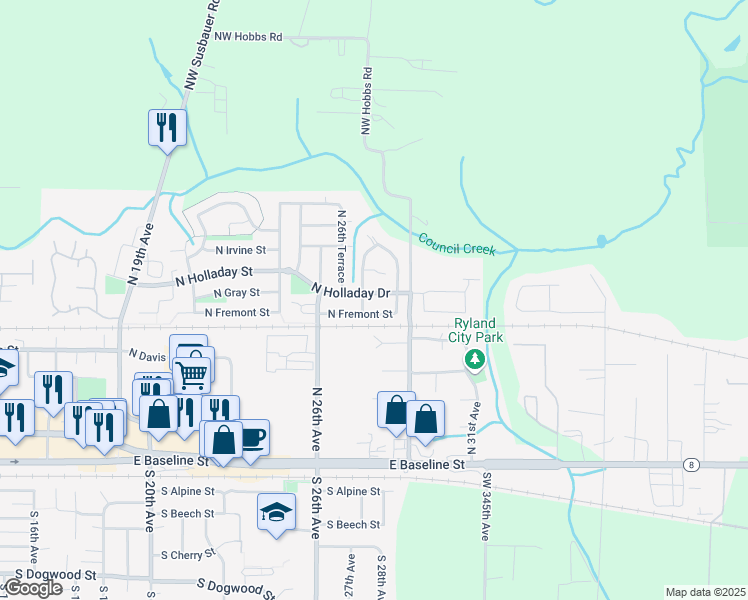 map of restaurants, bars, coffee shops, grocery stores, and more near 2725 North Holladay Drive in Cornelius
