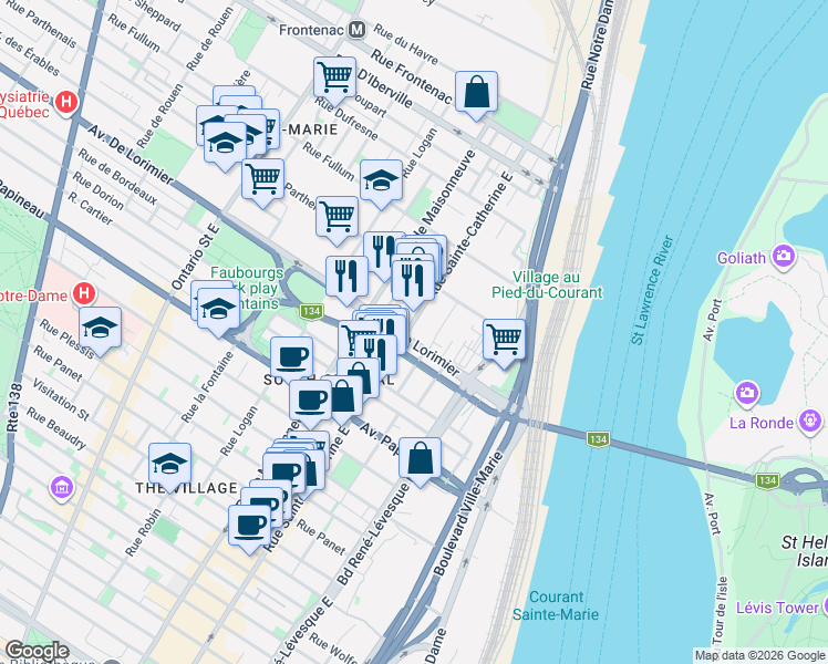 map of restaurants, bars, coffee shops, grocery stores, and more near 2102 Rue Sainte-Catherine Est in Montréal