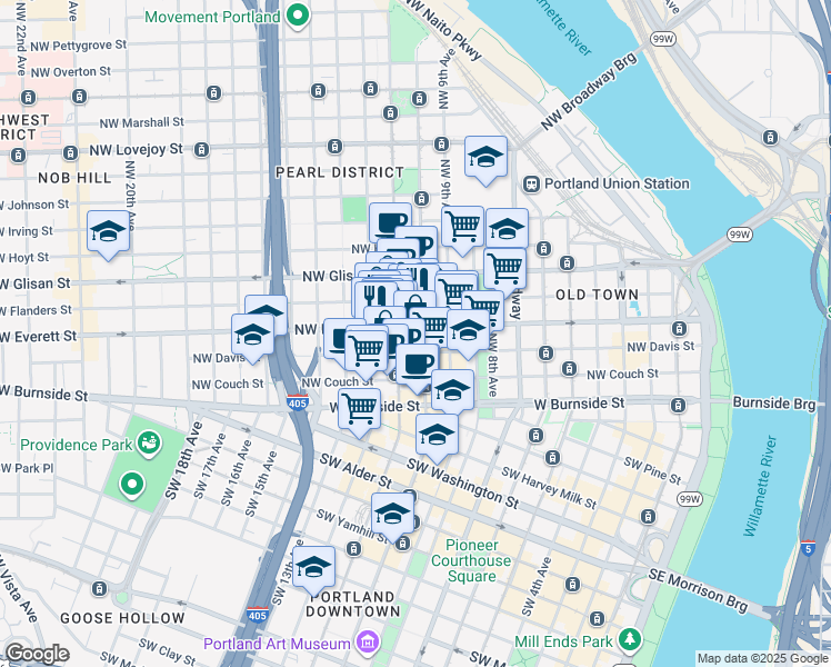 map of restaurants, bars, coffee shops, grocery stores, and more near 255 Northwest 10th Avenue in Portland