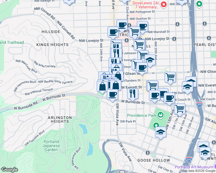 map of restaurants, bars, coffee shops, grocery stores, and more near 2361 Northwest Westover Road in Portland