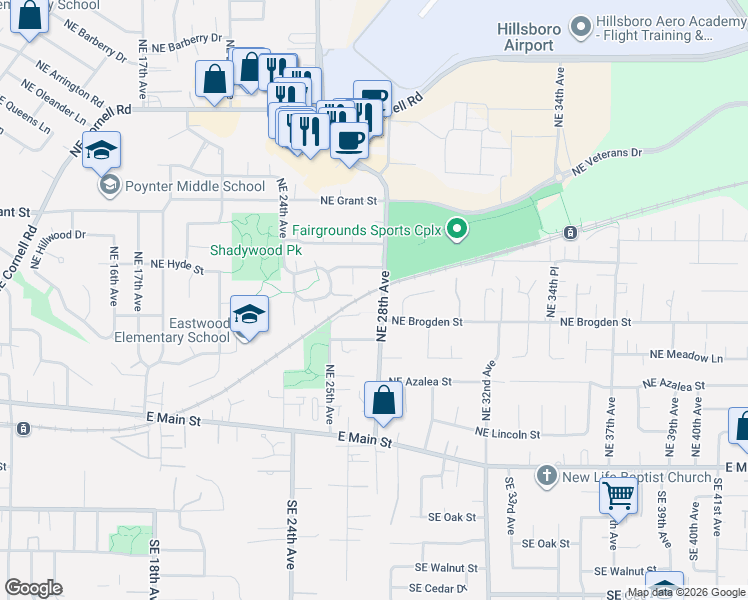 map of restaurants, bars, coffee shops, grocery stores, and more near 337 Northeast 28th Avenue in Hillsboro