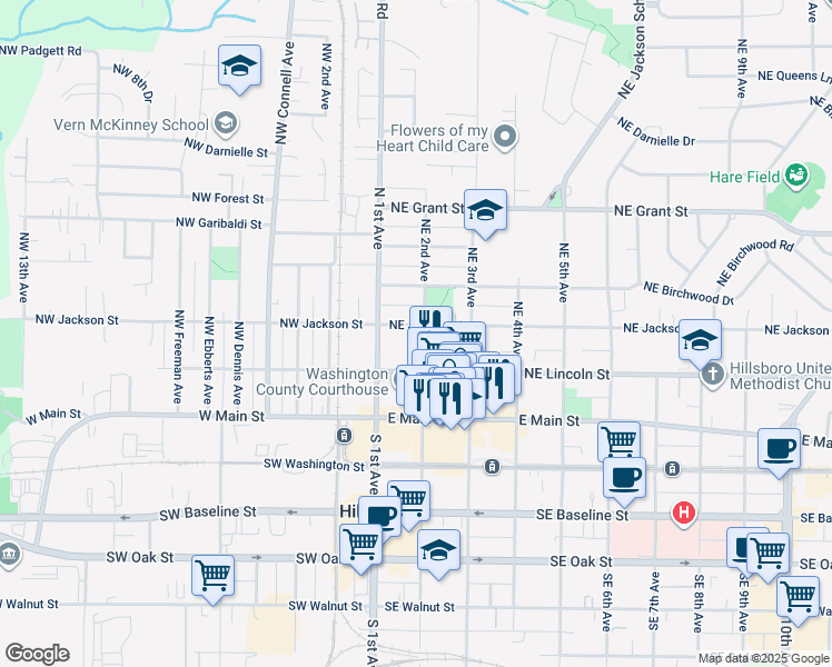 map of restaurants, bars, coffee shops, grocery stores, and more near 182 Northeast Jackson Street in Hillsboro