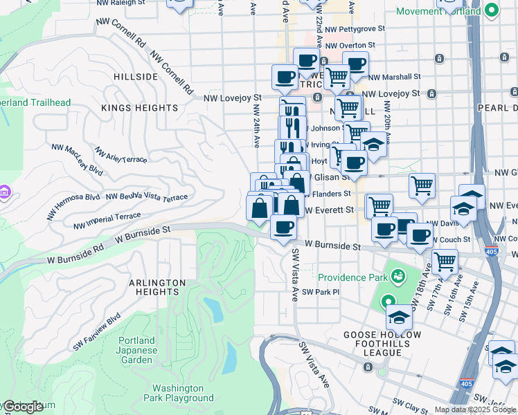 map of restaurants, bars, coffee shops, grocery stores, and more near 2351 Northwest Westover Road in Portland