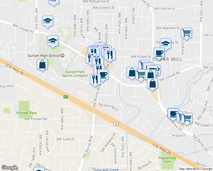 map of restaurants, bars, coffee shops, grocery stores, and more near 702 Northwest Joy Avenue in Portland