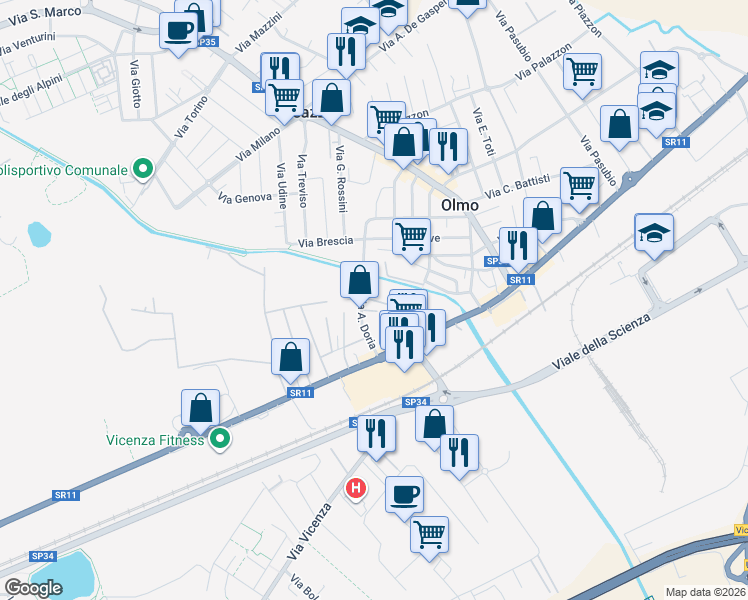 map of restaurants, bars, coffee shops, grocery stores, and more near 103 Via Olmo in Creazzo