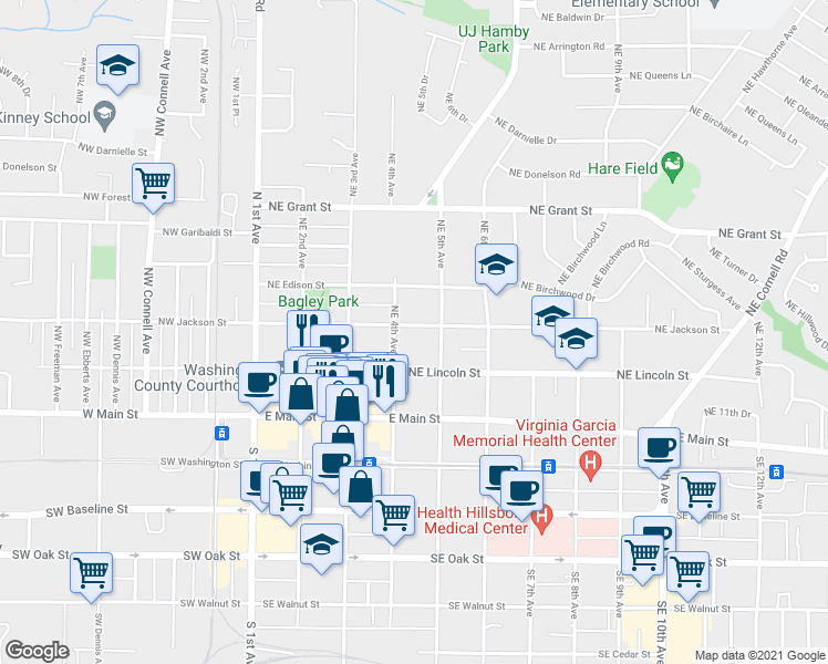 map of restaurants, bars, coffee shops, grocery stores, and more near 432 Northeast Jackson Street in Hillsboro
