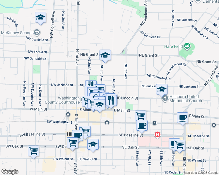 map of restaurants, bars, coffee shops, grocery stores, and more near 354 Northeast Jackson Street in Hillsboro