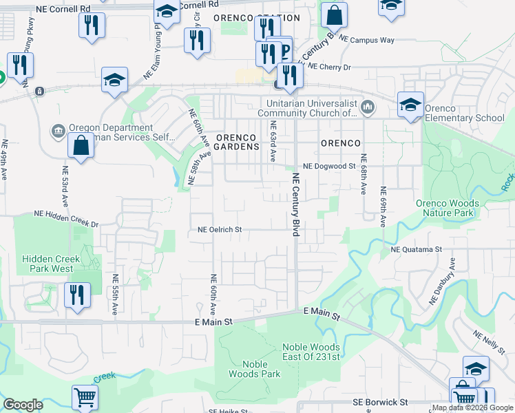 map of restaurants, bars, coffee shops, grocery stores, and more near 6354 Northeast Marina Court in Hillsboro