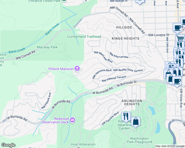 map of restaurants, bars, coffee shops, grocery stores, and more near 3112 Northwest Valle Vista Terrace in Portland