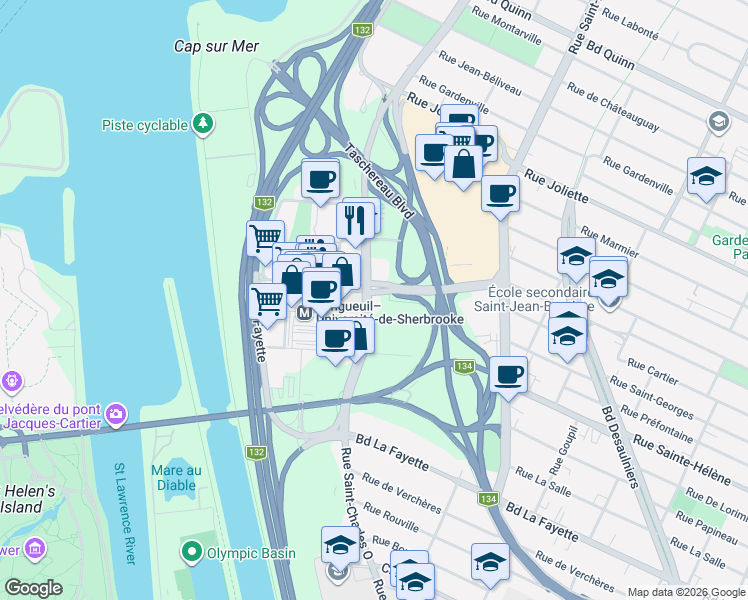 map of restaurants, bars, coffee shops, grocery stores, and more near 200 Place Charles-Le Moyne in Longueuil
