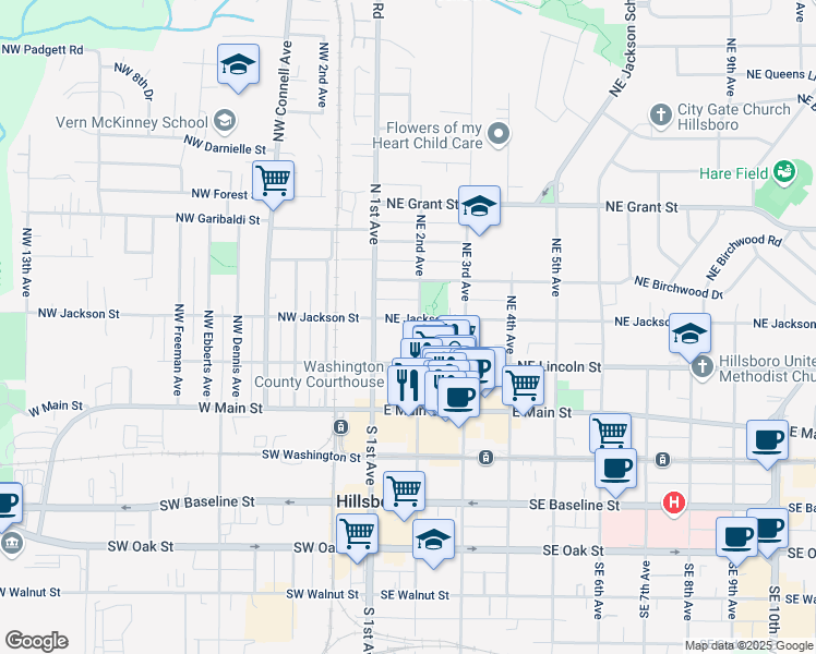 map of restaurants, bars, coffee shops, grocery stores, and more near 150 Northeast Jackson Street in Hillsboro