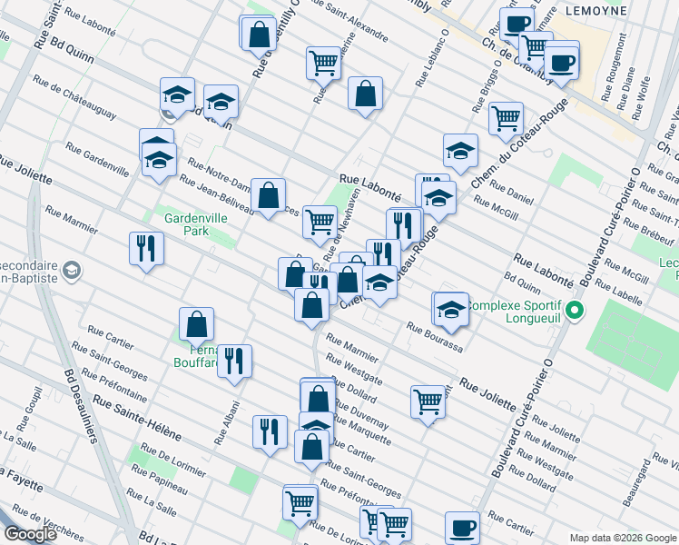map of restaurants, bars, coffee shops, grocery stores, and more near 1177 Rue Gardenville in Longueuil