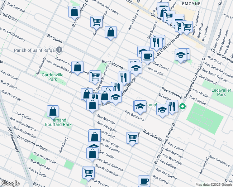 map of restaurants, bars, coffee shops, grocery stores, and more near 1251 Rue Jean-Béliveau in Longueuil