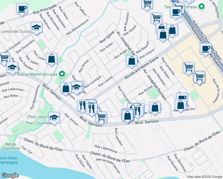 map of restaurants, bars, coffee shops, grocery stores, and more near 7328 Boulevard Notre Dame in Laval