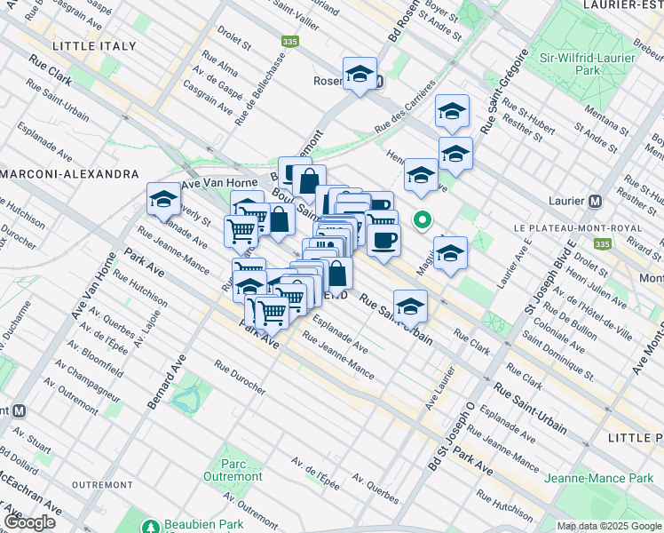 map of restaurants, bars, coffee shops, grocery stores, and more near in Montreal