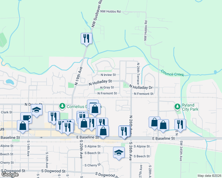 map of restaurants, bars, coffee shops, grocery stores, and more near 2365 North Gray Street in Cornelius