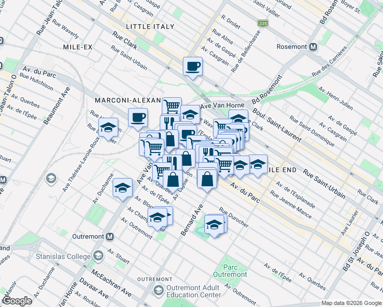 map of restaurants, bars, coffee shops, grocery stores, and more near 5969 Avenue du Parc in Montréal