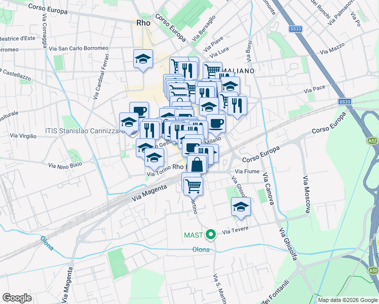 map of restaurants, bars, coffee shops, grocery stores, and more near 1B Via G. Puccini in Rho