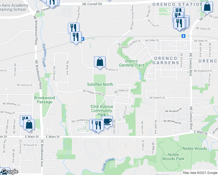 map of restaurants, bars, coffee shops, grocery stores, and more near 450 Northeast 53rd Avenue in Hillsboro