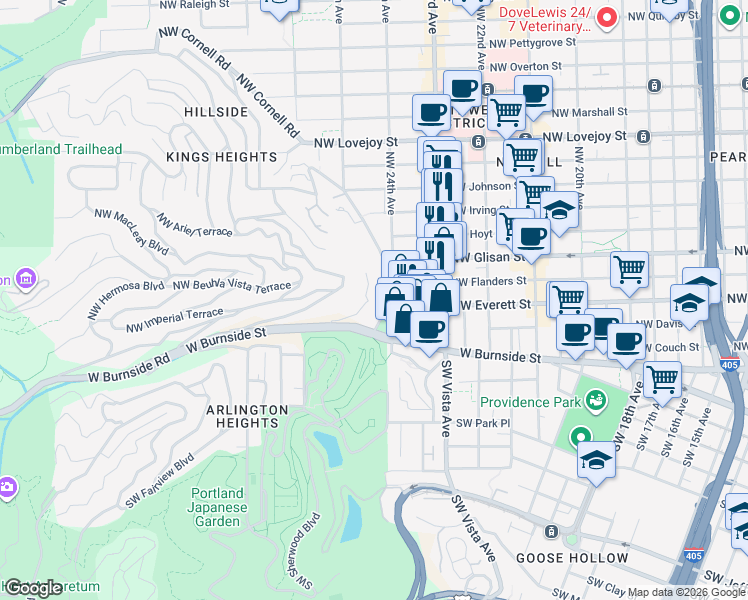 map of restaurants, bars, coffee shops, grocery stores, and more near 310 Northwest Uptown Terrace in Portland