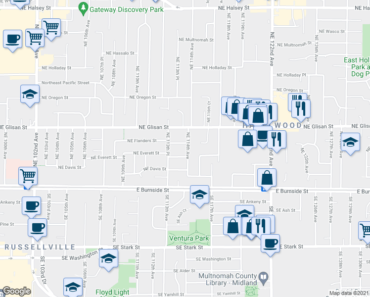 map of restaurants, bars, coffee shops, grocery stores, and more near 333 Northeast 114th Avenue in Portland