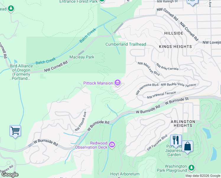 map of restaurants, bars, coffee shops, grocery stores, and more near 3229 Northwest Pittock Drive in Portland