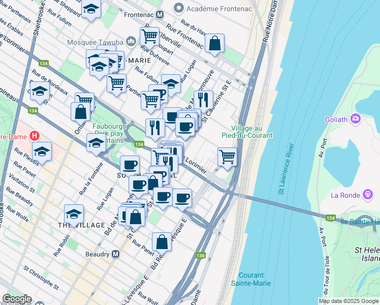 map of restaurants, bars, coffee shops, grocery stores, and more near in Montreal