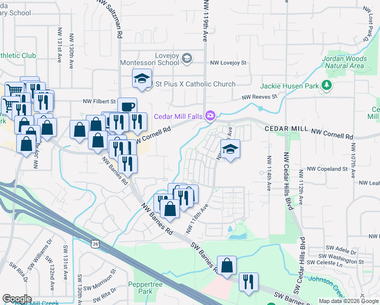 map of restaurants, bars, coffee shops, grocery stores, and more near 625 Northwest Lost Springs Terrace in Portland