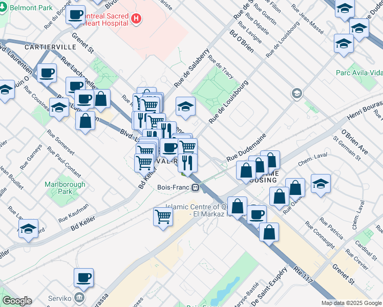 map of restaurants, bars, coffee shops, grocery stores, and more near 11825 Rue Ranger in Montréal
