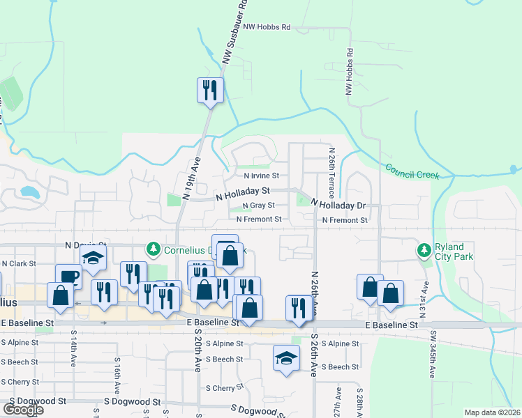 map of restaurants, bars, coffee shops, grocery stores, and more near 2329 North Gray Street in Cornelius