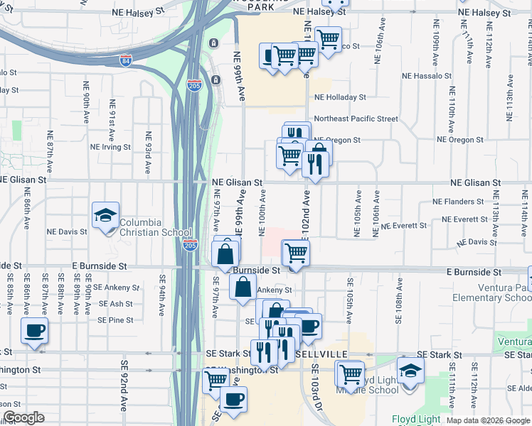 map of restaurants, bars, coffee shops, grocery stores, and more near 324 Northeast 100th Avenue in Portland