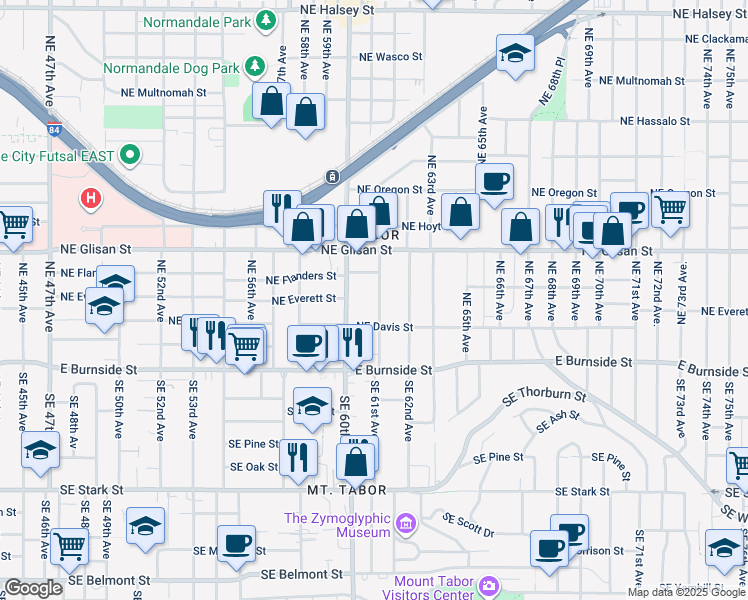 map of restaurants, bars, coffee shops, grocery stores, and more near 245 Northeast 61st Avenue in Portland