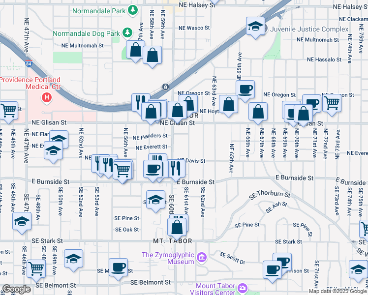 map of restaurants, bars, coffee shops, grocery stores, and more near 245 Northeast 61st Avenue in Portland