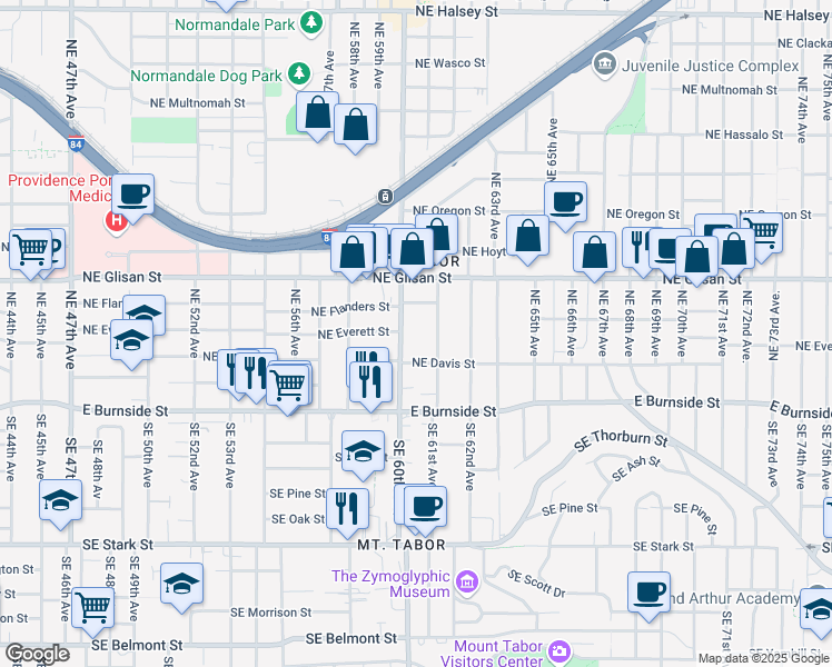 map of restaurants, bars, coffee shops, grocery stores, and more near 245 Northeast 61st Avenue in Portland